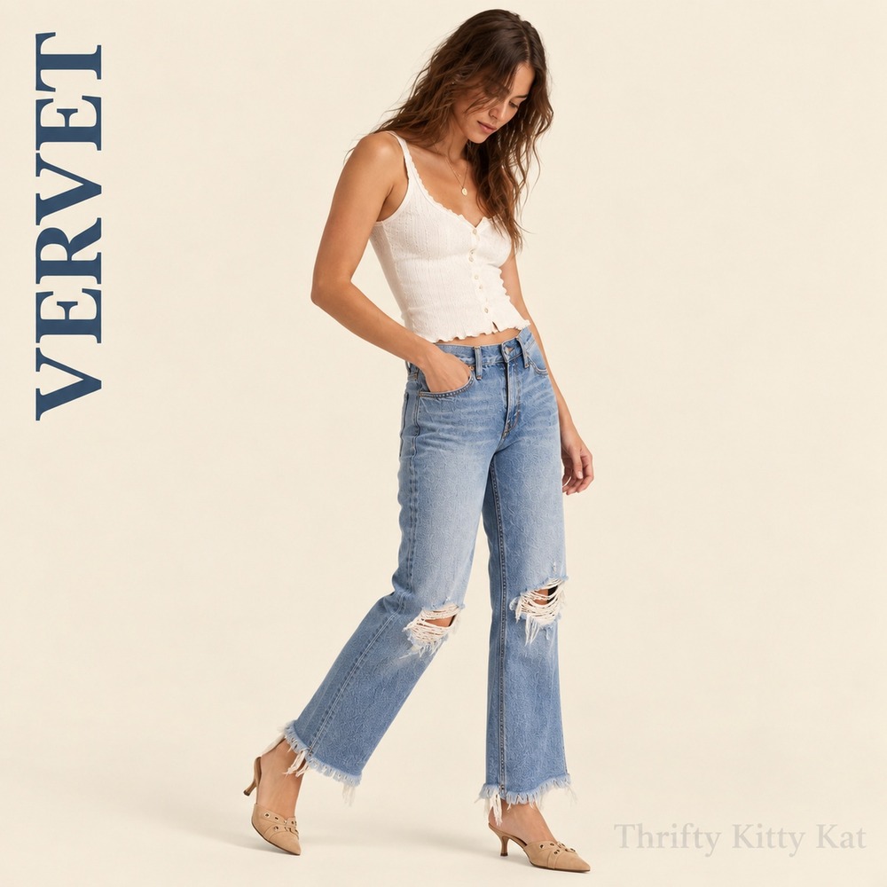 Vervet Jeanne High Rise Slim Straight Jeans Distressed Raw Hem Light Wash 26x26